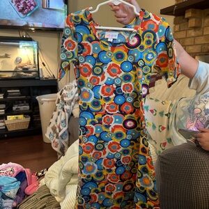 LuLaRoe Blue and Orange Flutter Sleeve Sheath Dress